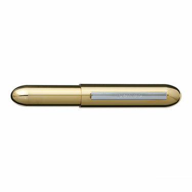 A gold-plated ballpoint pocket pen with a streamlined design, capable of being clipped onto clothing or a notebook.