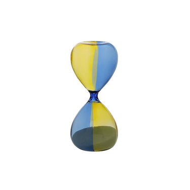 A photo of a hightide 5 min hourglass in blue and amber yellow
