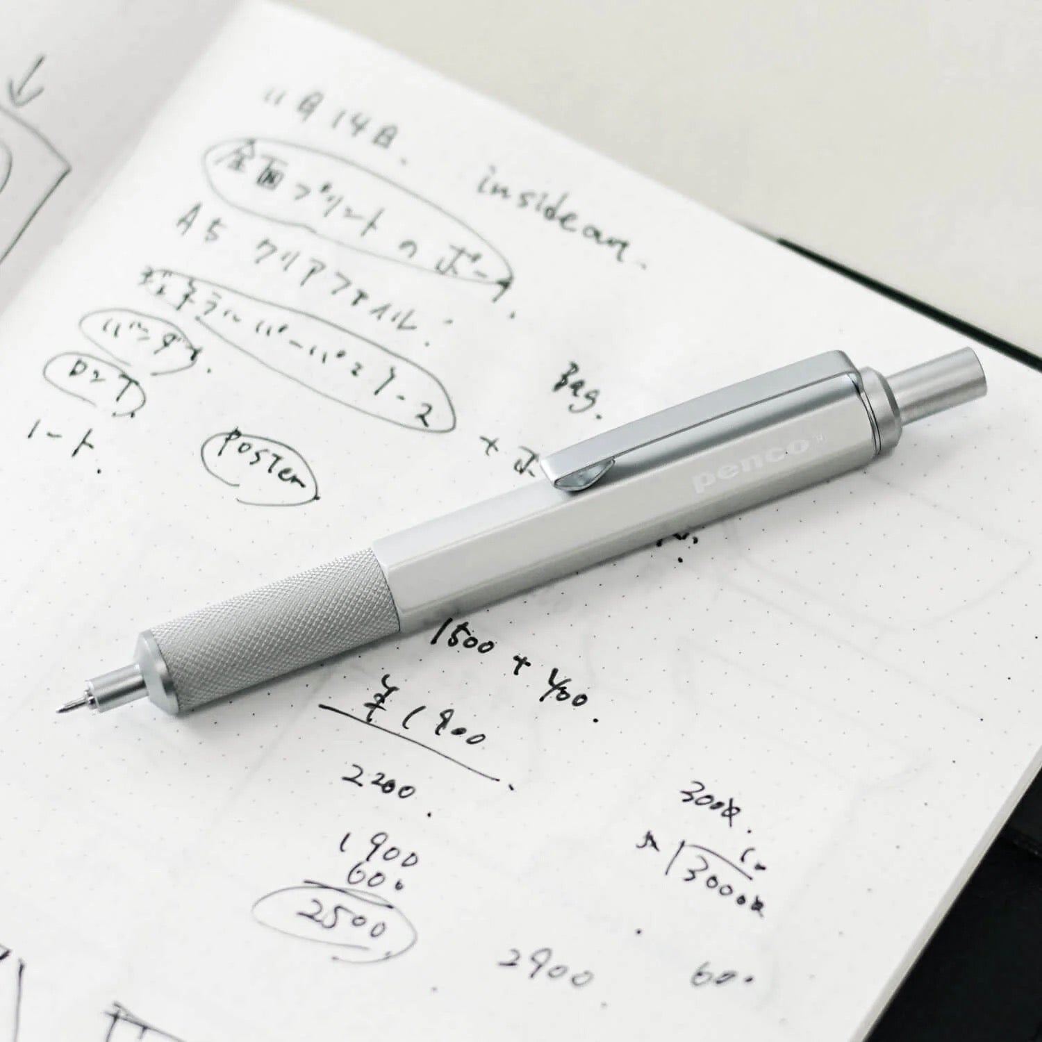A photograph of a silver Penco drafting ballpoint pen on top of a notebook