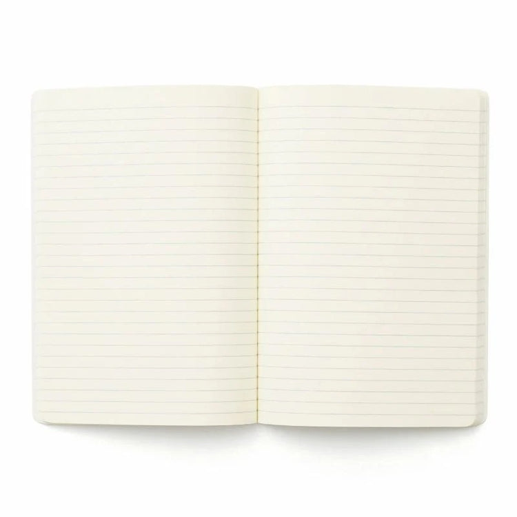 Open notebook with lined pages on a white background