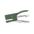 A photo of a penco green hammertone finish stapler from the side.