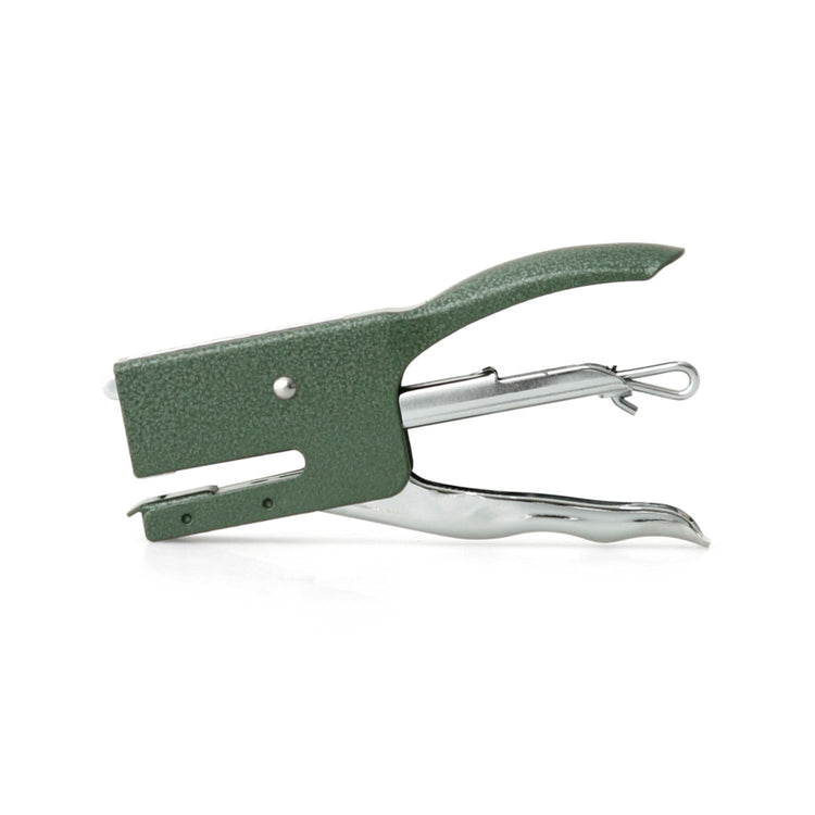 A photo of a penco green hammertone finish stapler from the side.