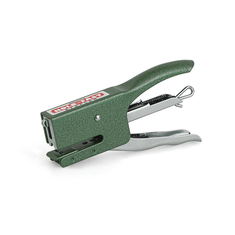 A photo of a penco green hammertone finish stapler from three quarter view.